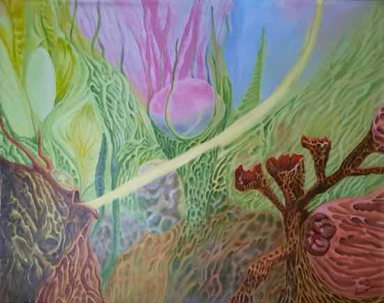 Paisaje onírico que parece aquático en trazos verdes, ocres, azul y magenta.