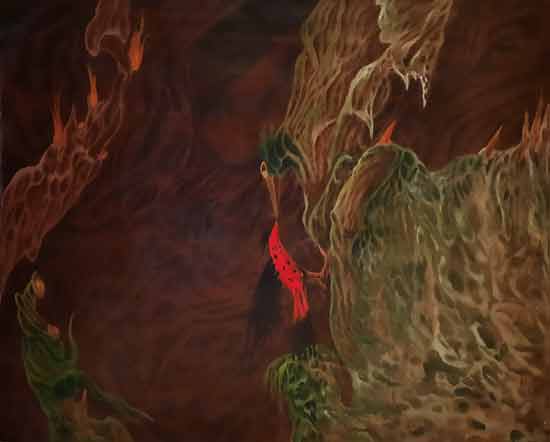Paisaje oscuro que parce bosque, con ´pajaro en rojo llamativo.
