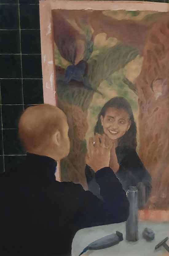 Imagen de un individuo viendo que el espejo refleja una realidad completamente diferente.